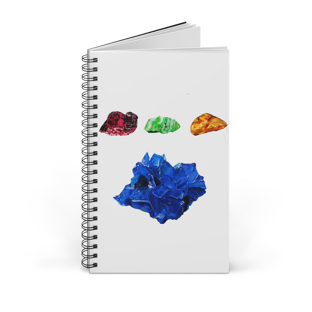 Minerals Spiral Journal featuring a colorful front cover, showcasing various styles including blank, dot grid, lined, and task layouts.