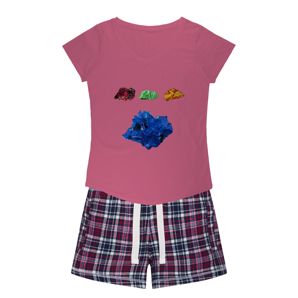 Minerals Women's Sleepy Tee and Flannel Short set featuring a relaxed fit T-shirt and colorful flannel shorts, perfect for cozy nights.