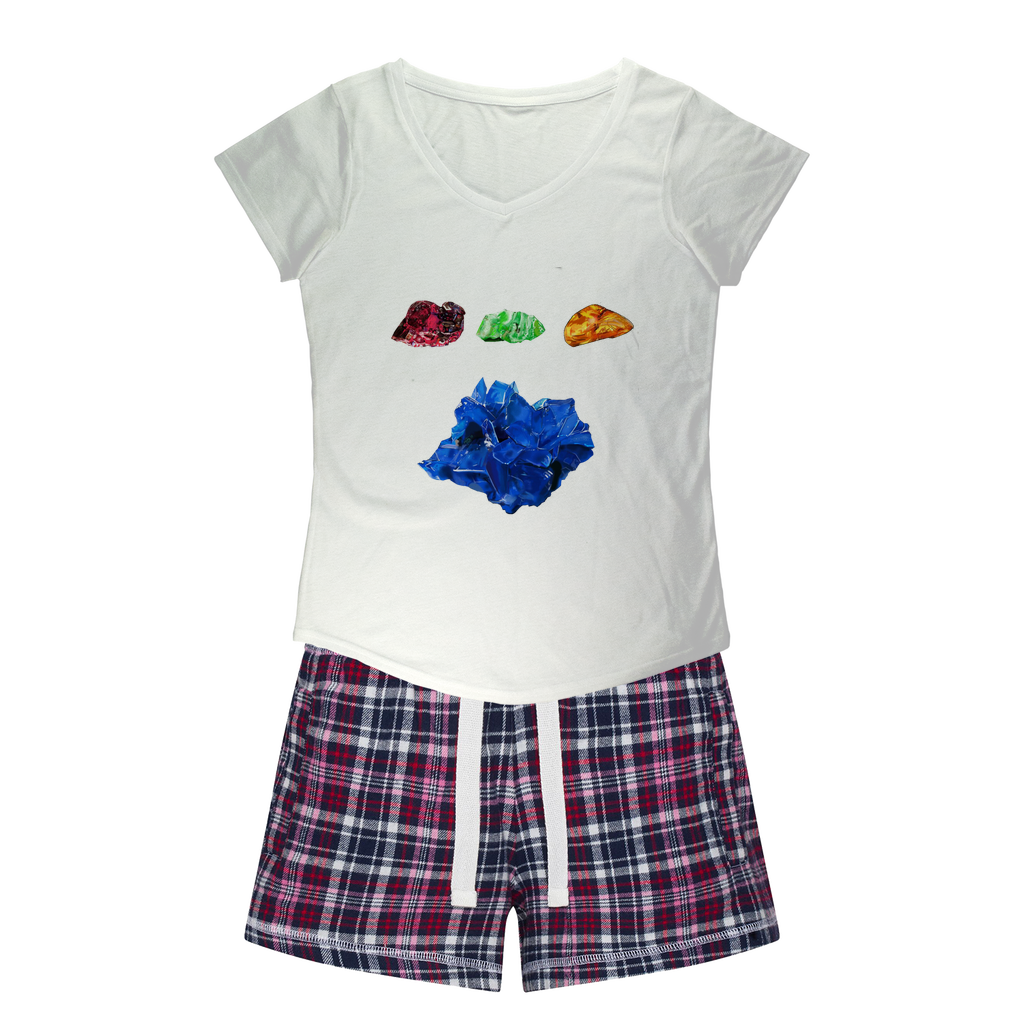Minerals Women's Sleepy Tee and Flannel Short set featuring a relaxed fit T-shirt and colorful flannel shorts, perfect for cozy nights.