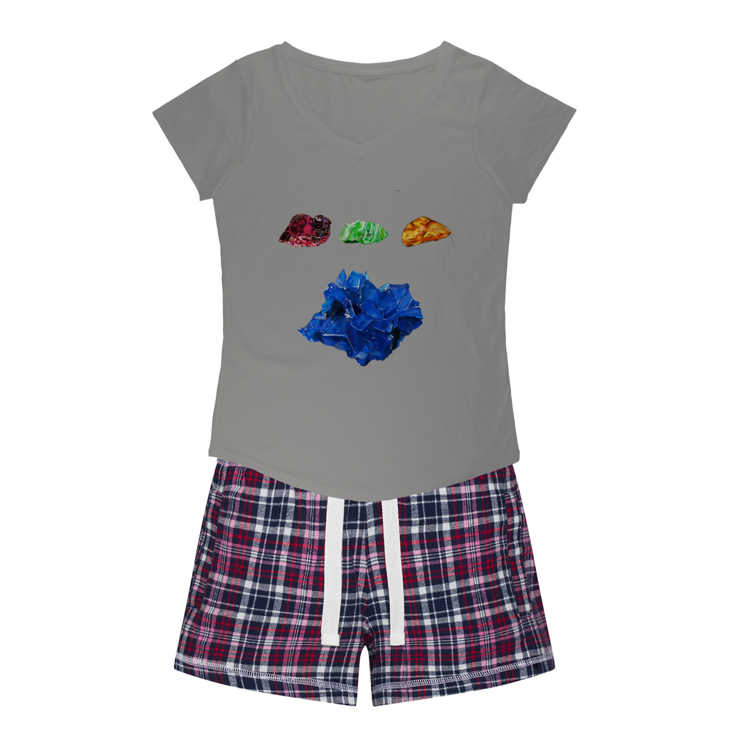 Minerals Women's Sleepy Tee and Flannel Short set featuring a relaxed fit T-shirt and colorful flannel shorts, perfect for cozy nights.