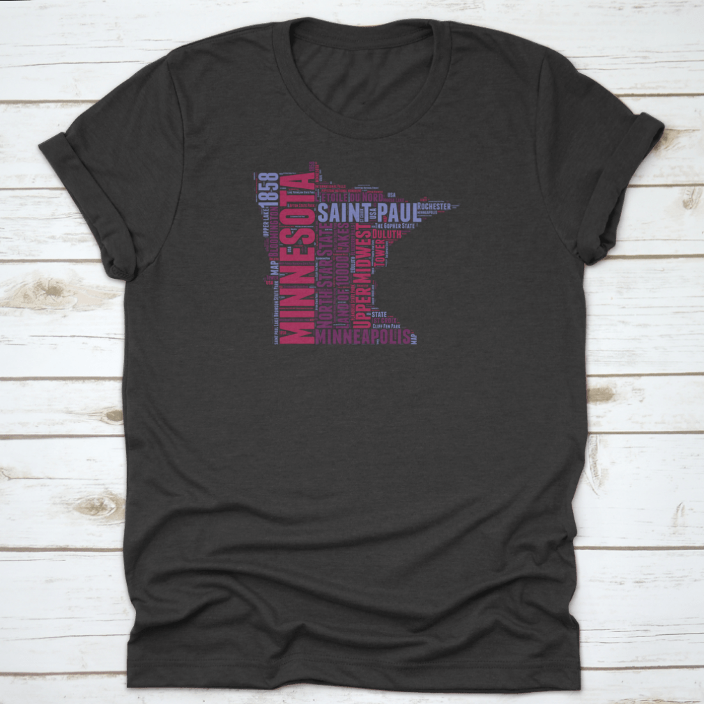 Minnesota USA State Map Tag Cloud Vector Illustration on a cotton shirt, showcasing iconic landmarks and cultural elements.