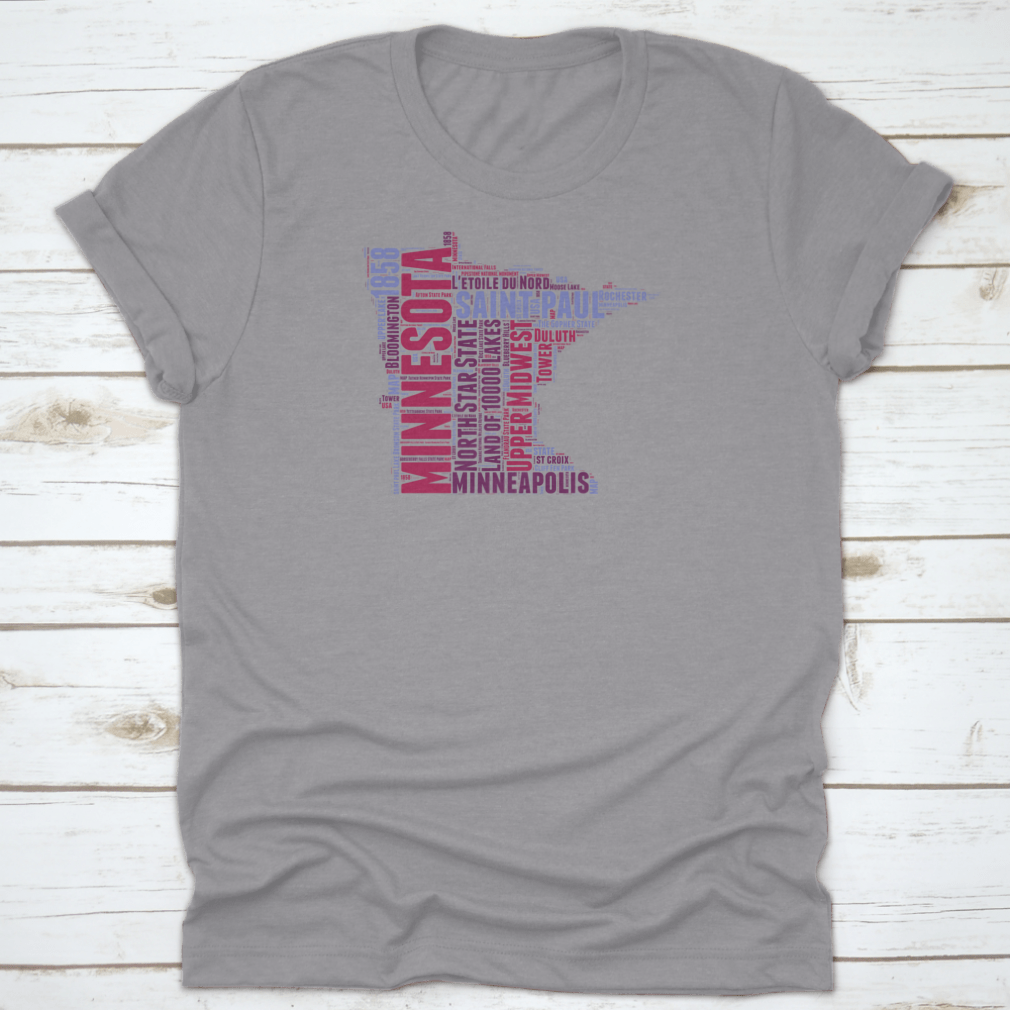 Minnesota USA State Map Tag Cloud Vector Illustration on a cotton shirt, showcasing iconic landmarks and cultural elements.
