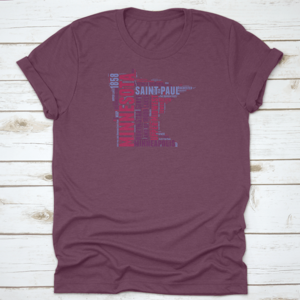Minnesota USA State Map Tag Cloud Vector Illustration on a cotton shirt, showcasing iconic landmarks and cultural elements.