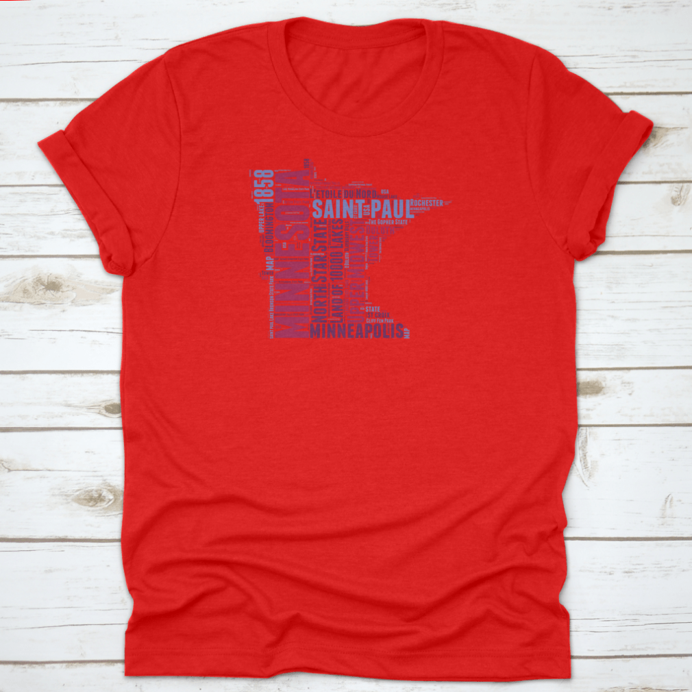 Minnesota USA State Map Tag Cloud Vector Illustration on a cotton shirt, showcasing iconic landmarks and cultural elements.