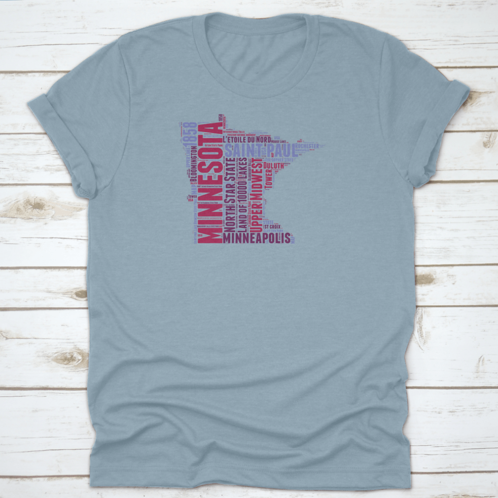 Minnesota USA State Map Tag Cloud Vector Illustration on a cotton shirt, showcasing iconic landmarks and cultural elements.