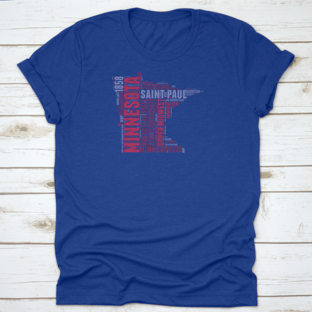 Minnesota USA State Map Tag Cloud Vector Illustration on a cotton shirt, showcasing iconic landmarks and cultural elements.