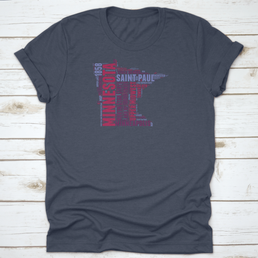 Minnesota USA State Map Tag Cloud Vector Illustration on a cotton shirt, showcasing iconic landmarks and cultural elements.