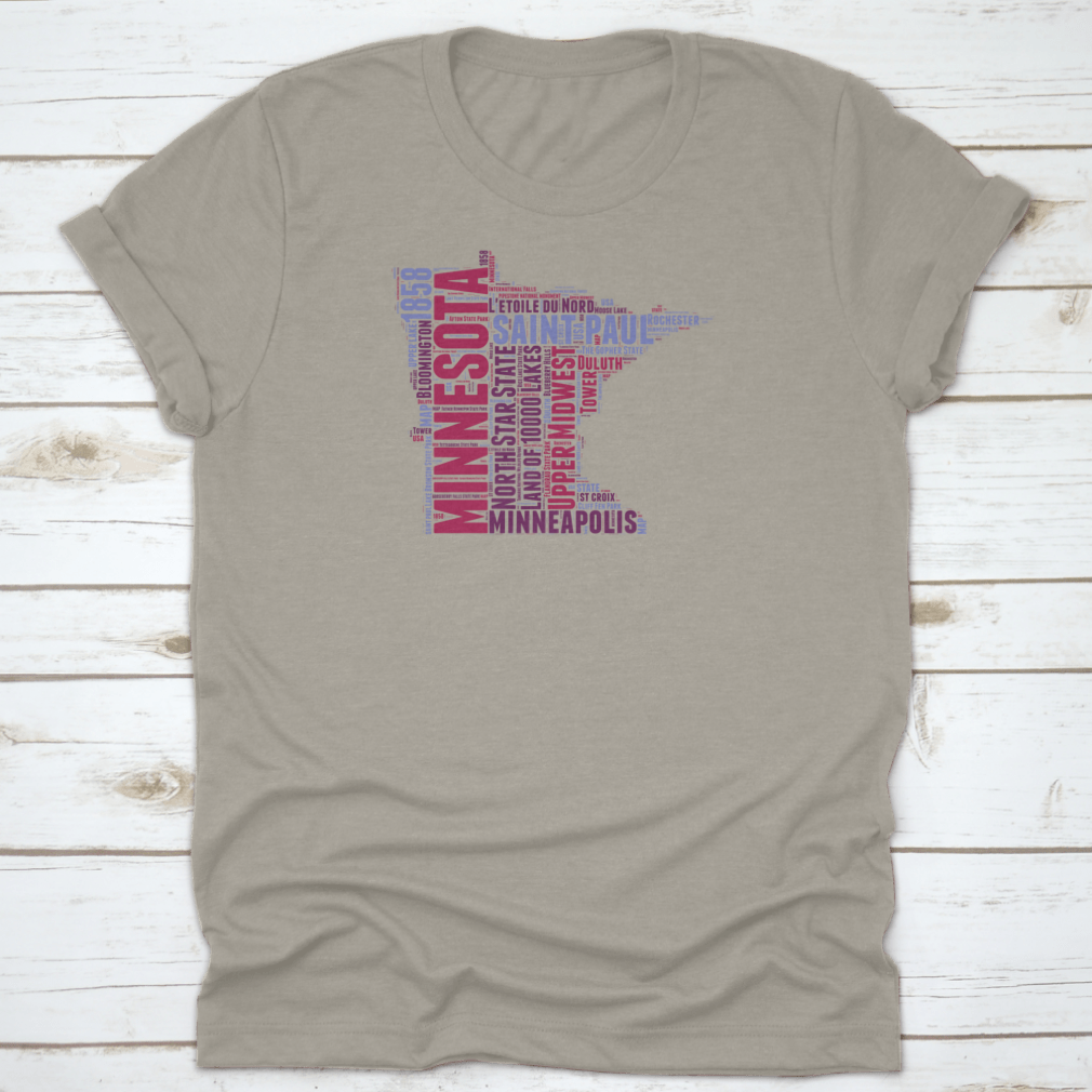 Minnesota USA State Map Tag Cloud Vector Illustration on a cotton shirt, showcasing iconic landmarks and cultural elements.