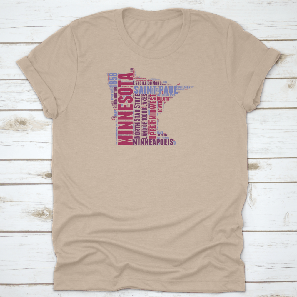 Minnesota USA State Map Tag Cloud Vector Illustration on a cotton shirt, showcasing iconic landmarks and cultural elements.