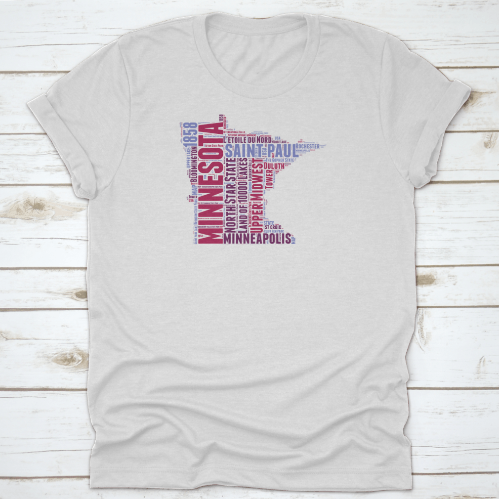 Minnesota USA State Map Tag Cloud Vector Illustration on a cotton shirt, showcasing iconic landmarks and cultural elements.
