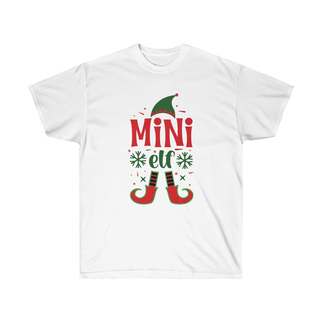 A festive Mini Elf Holiday T-Shirt made of soft cotton, featuring a cheerful elf design, perfect for holiday celebrations.