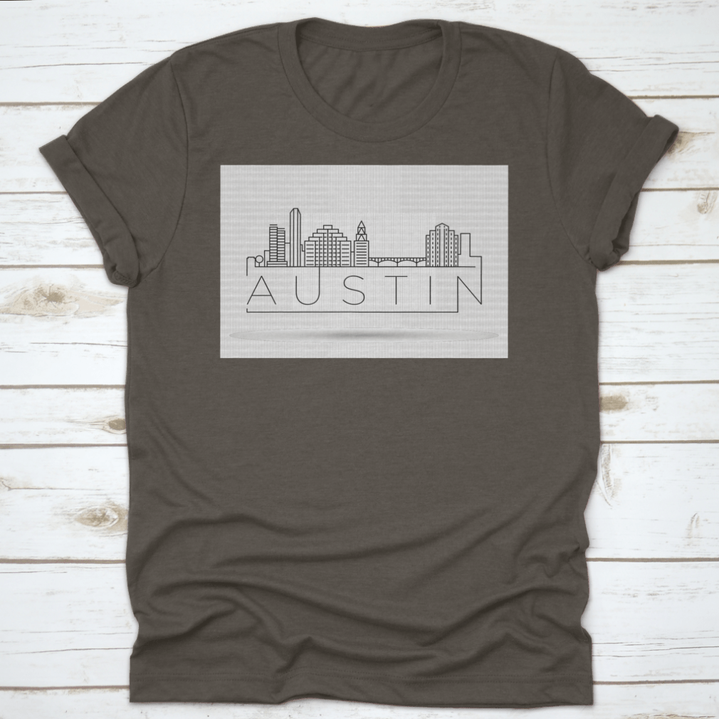 Minimal Austin City Linear Skyline T-shirt featuring a typographic design, made from 100% cotton for comfort.