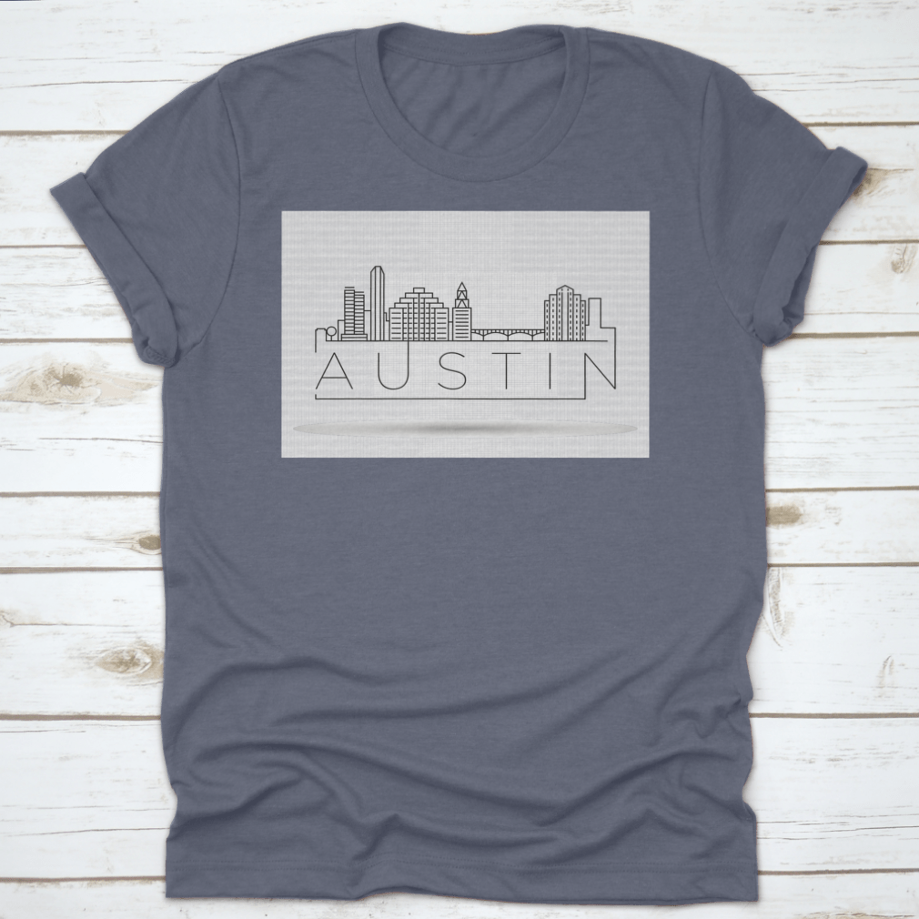 Minimal Austin City Linear Skyline T-shirt featuring a typographic design, made from 100% cotton for comfort.