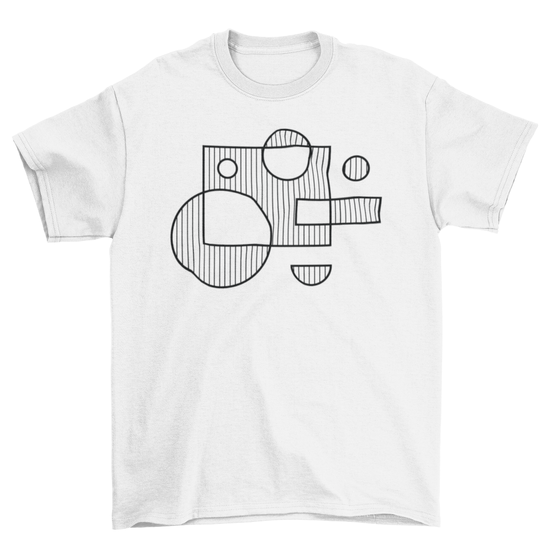 A stylish minimalistic t-shirt design featuring geometric shapes like squares and circles with clean lines, perfect for modern fashion.