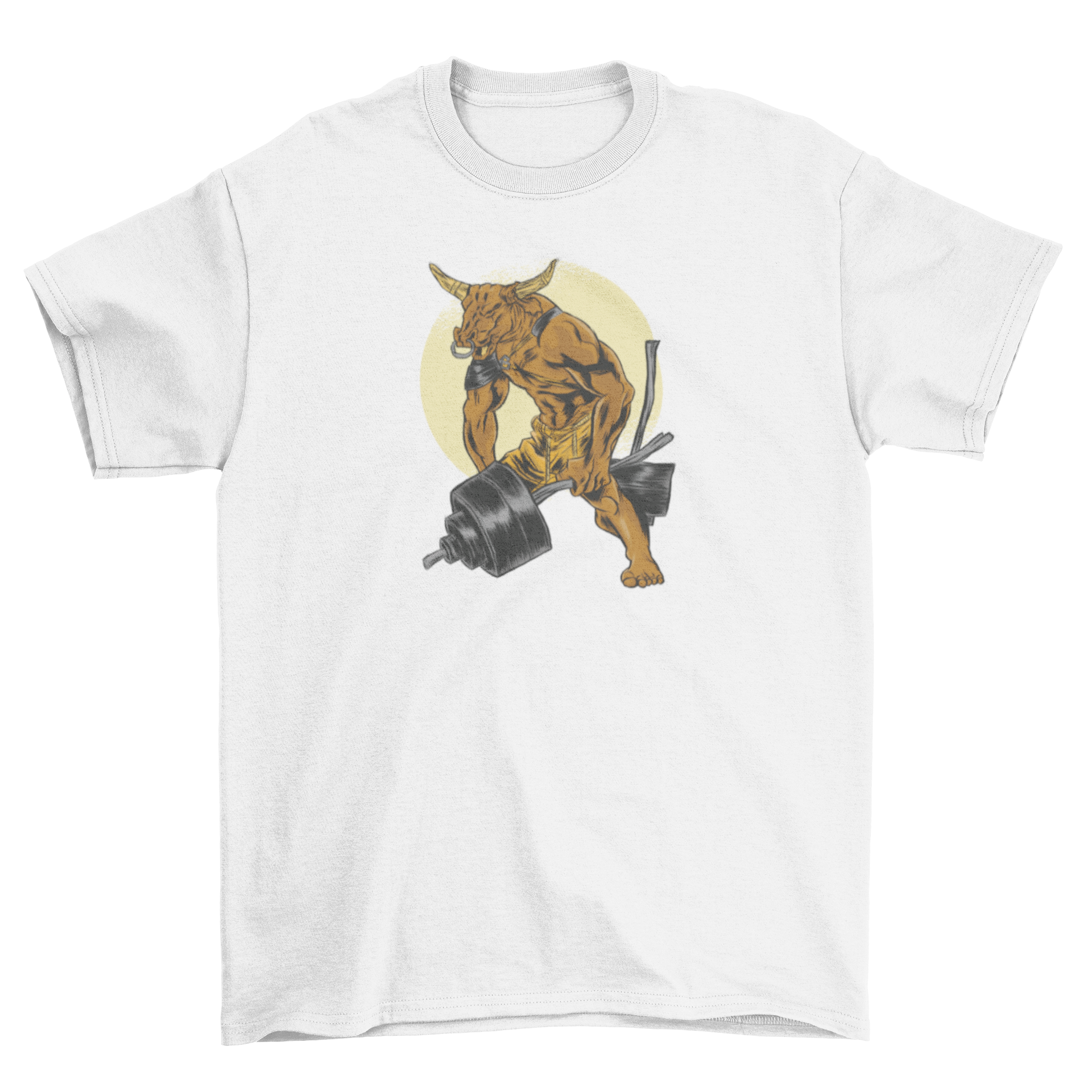 Minotaur Dumbbell T-Shirt featuring a fierce minotaur lifting a dumbbell.