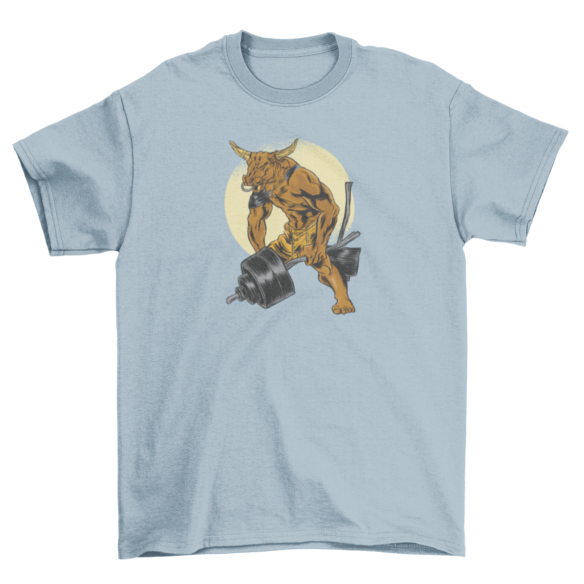 Minotaur Dumbbell T-Shirt featuring a fierce minotaur lifting a dumbbell.