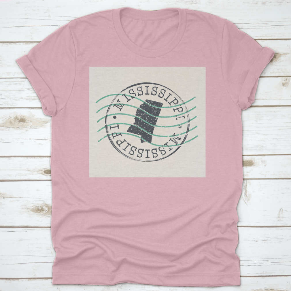 Mississippi USA Postal Stamp Round Passport design featuring a vintage map and retro elements, crafted from 100% cotton.