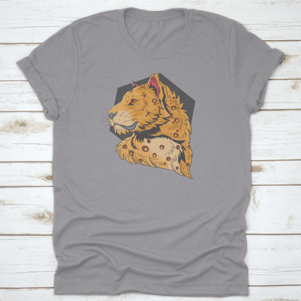 A stylish t-shirt featuring a unique graphic design of a lion and leopard head, showcasing vibrant colors and high-quality fabric.
