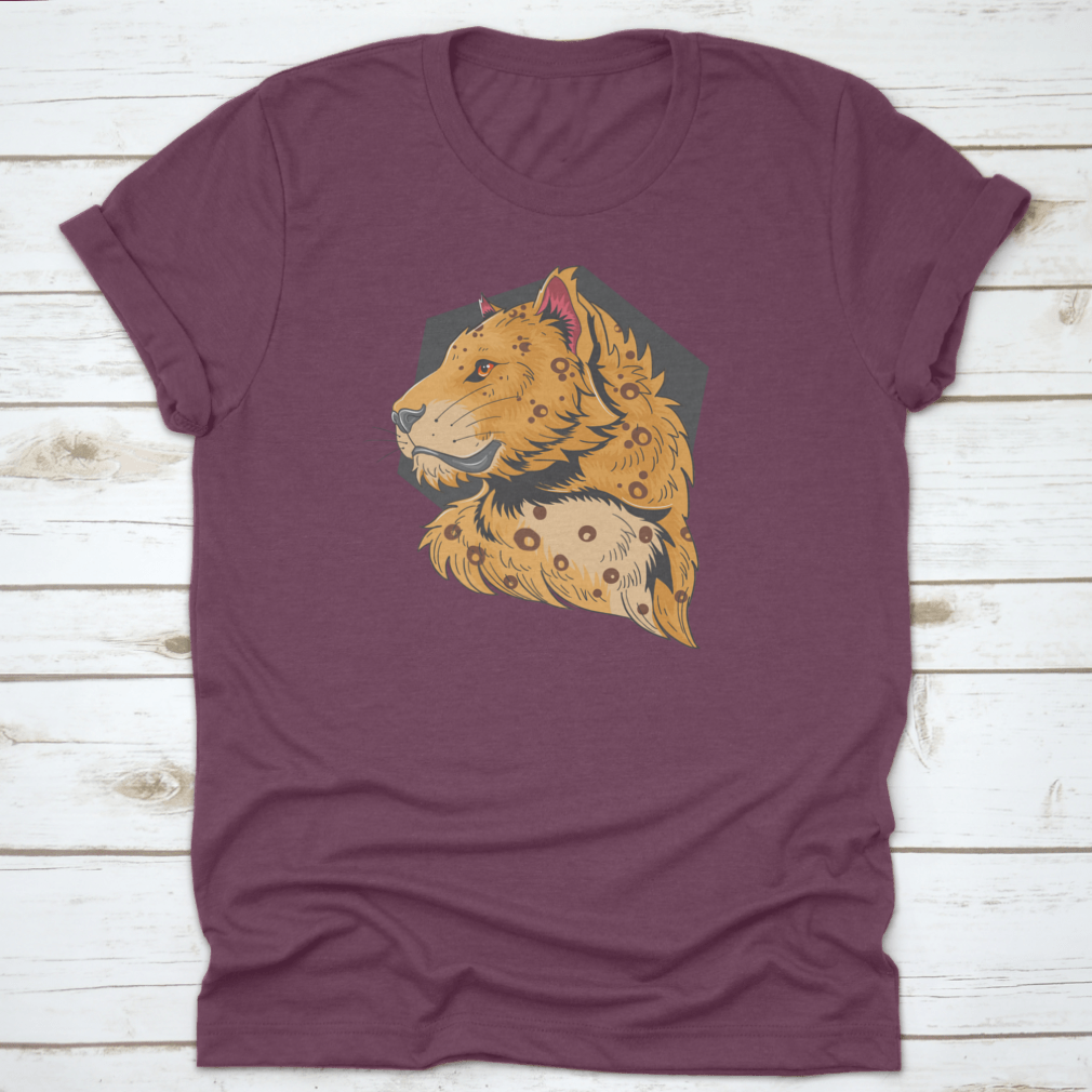 A stylish t-shirt featuring a unique graphic design of a lion and leopard head, showcasing vibrant colors and high-quality fabric.