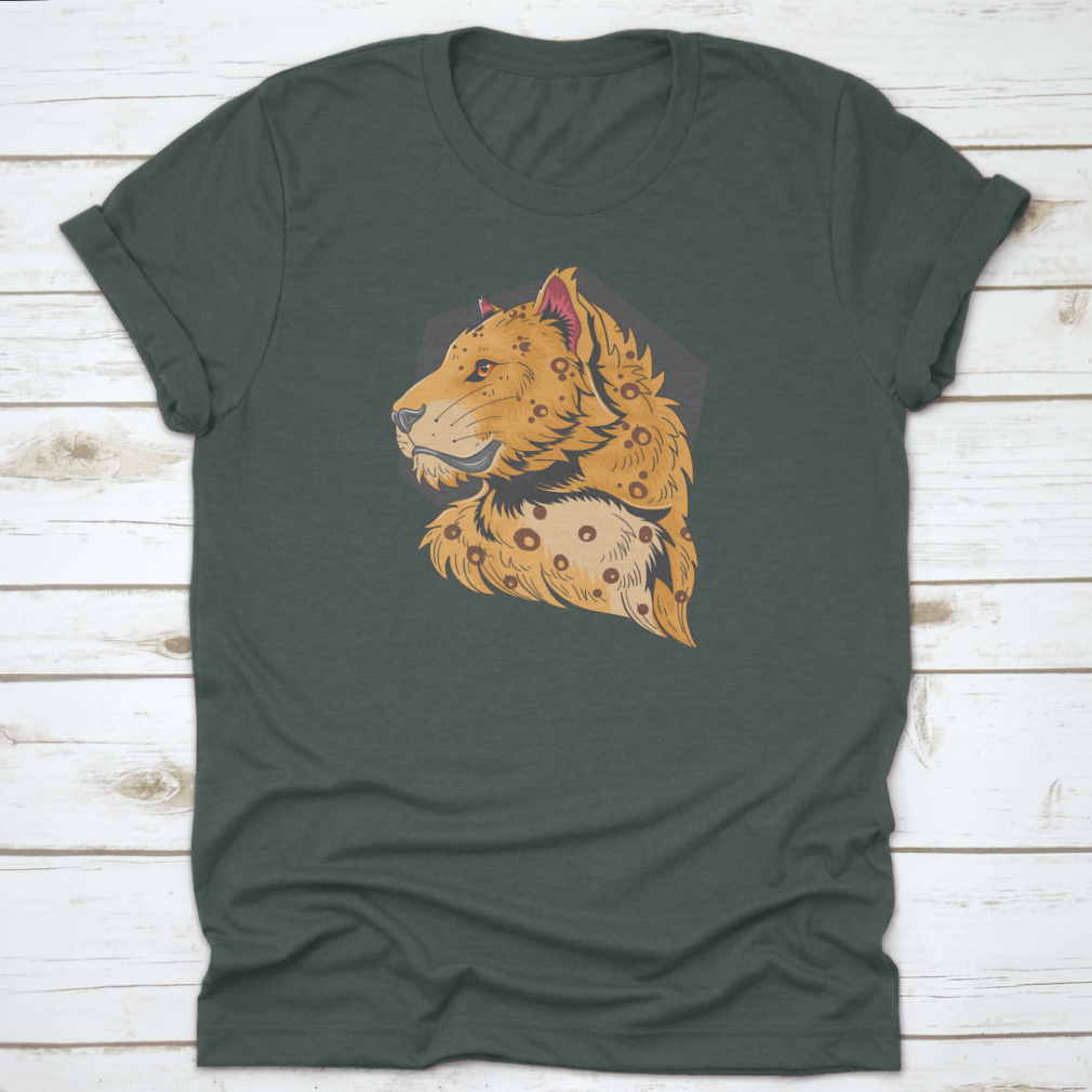 A stylish t-shirt featuring a unique graphic design of a lion and leopard head, showcasing vibrant colors and high-quality fabric.
