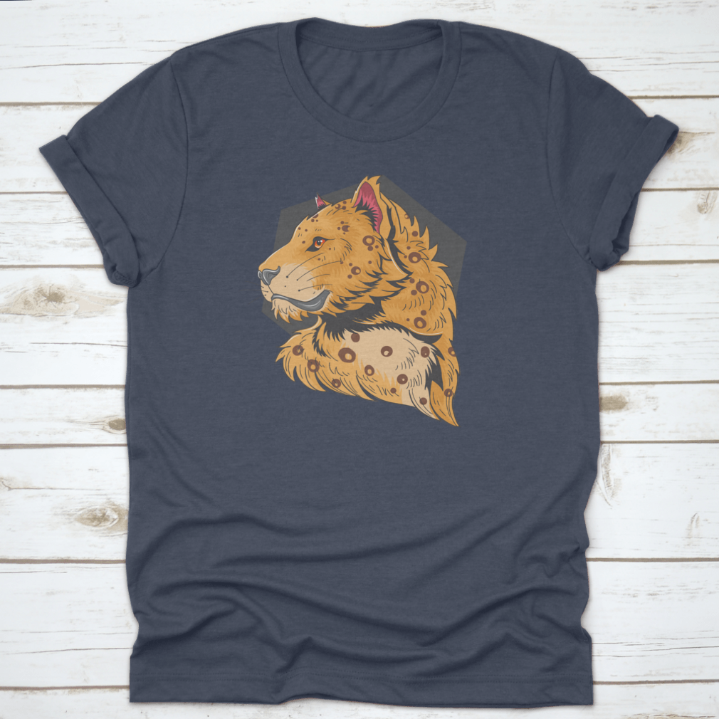 A stylish t-shirt featuring a unique graphic design of a lion and leopard head, showcasing vibrant colors and high-quality fabric.