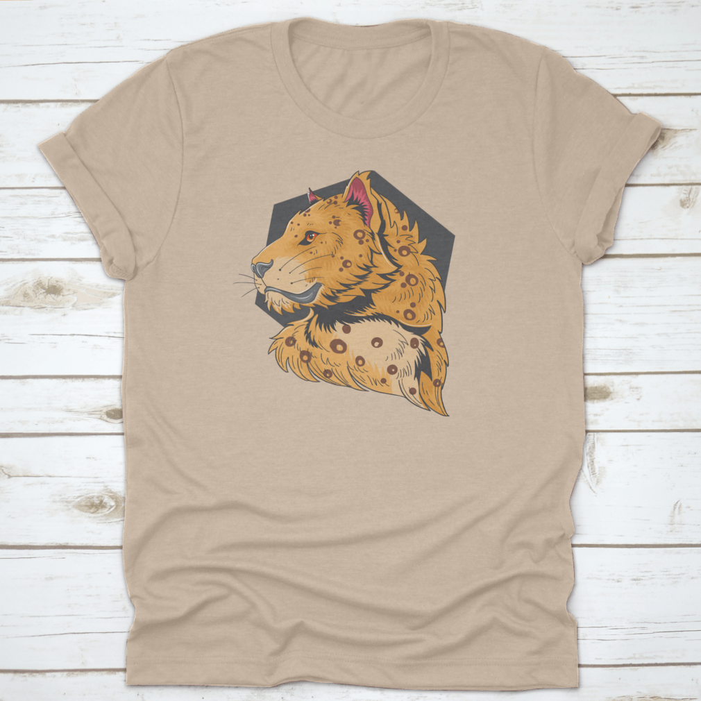 A stylish t-shirt featuring a unique graphic design of a lion and leopard head, showcasing vibrant colors and high-quality fabric.