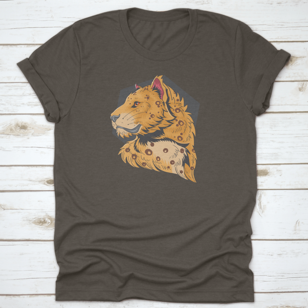 A stylish t-shirt featuring a unique graphic design of a lion and leopard head, showcasing vibrant colors and high-quality fabric.
