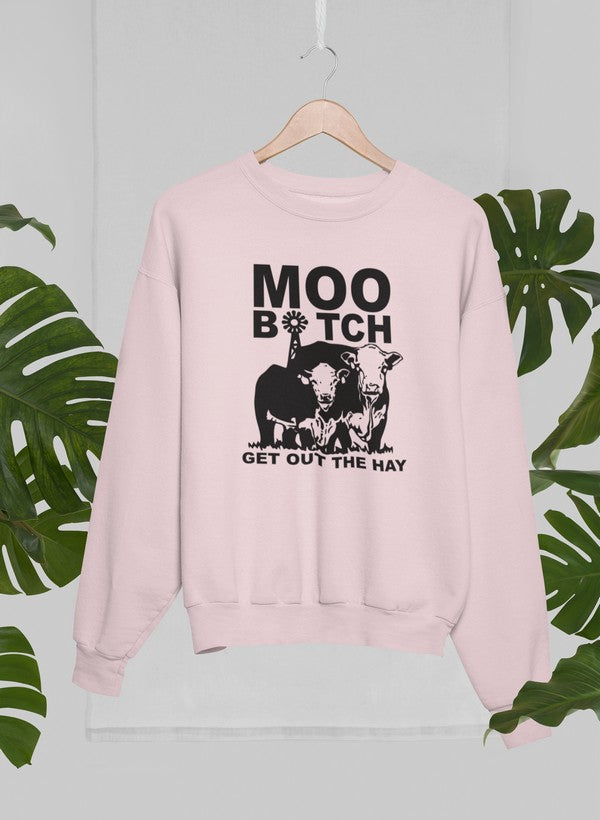 Moo Get Out The Hay Sweat Shirt featuring a cozy fleece design, adjustable cuffs, and unique artistic graphics.
