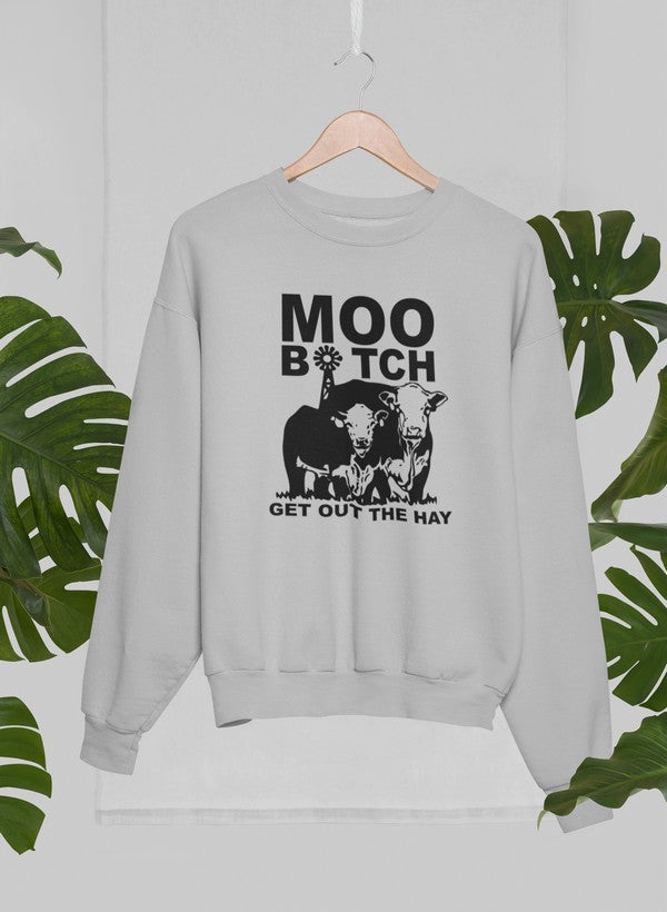 Moo Get Out The Hay Sweat Shirt featuring a cozy fleece design, adjustable cuffs, and unique artistic graphics.