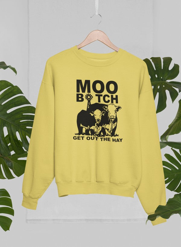 Moo Get Out The Hay Sweat Shirt featuring a cozy fleece design, adjustable cuffs, and unique artistic graphics.