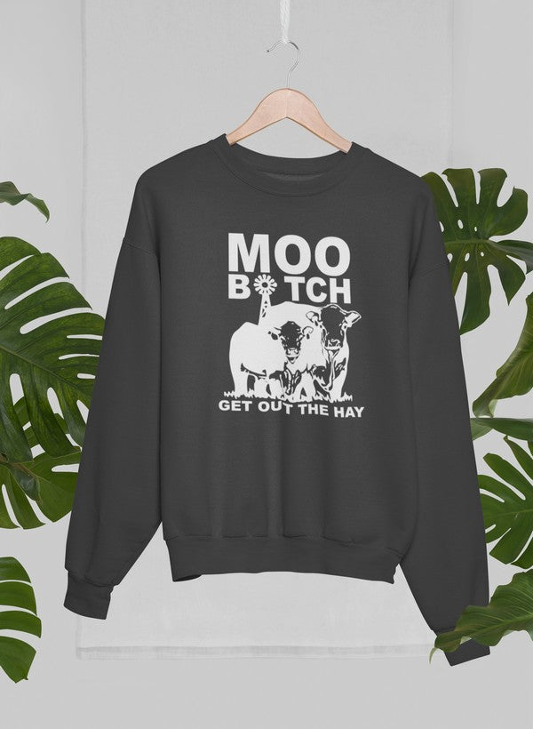 Moo Get Out The Hay Sweat Shirt featuring a cozy fleece design, adjustable cuffs, and unique artistic graphics.