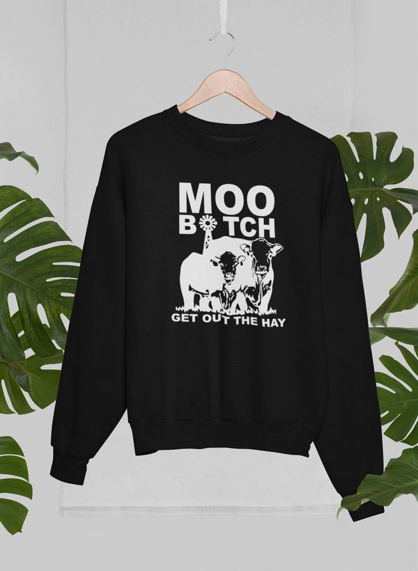 Moo Get Out The Hay Sweat Shirt featuring a cozy fleece design, adjustable cuffs, and unique artistic graphics.