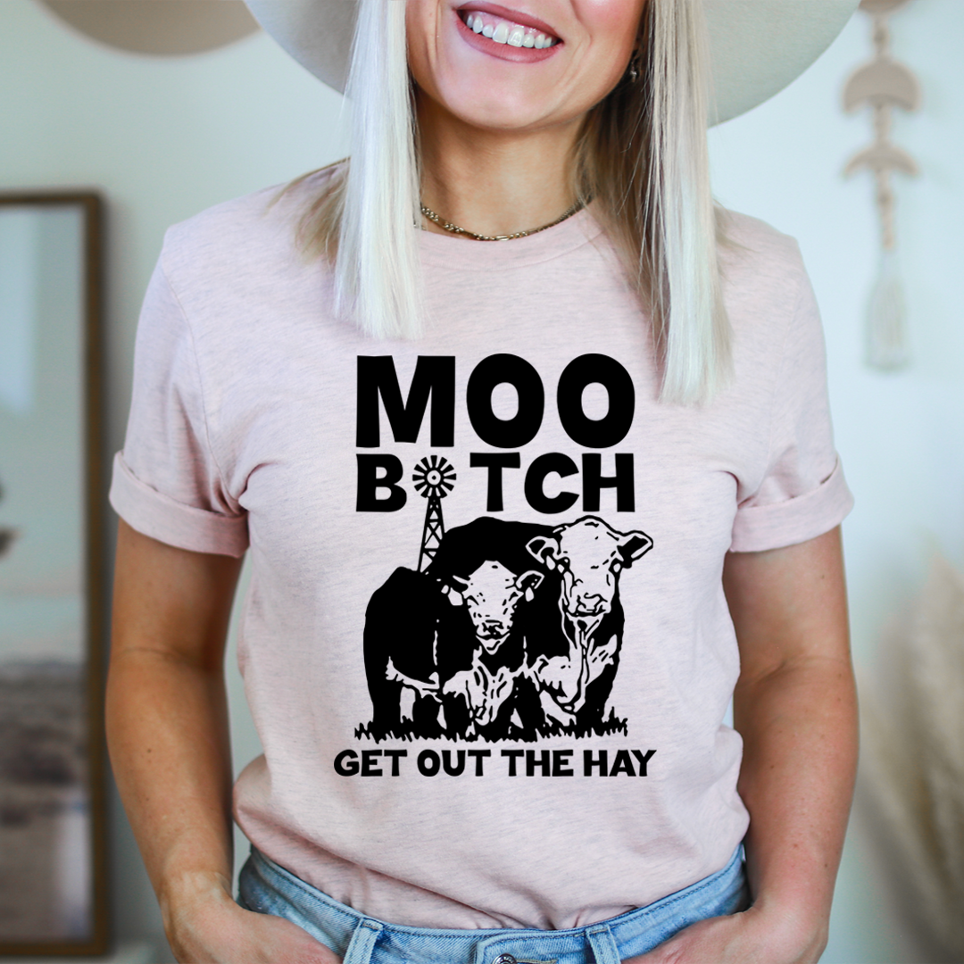 Moo Get Out The Hay T-Shirt in various colors, showcasing its soft cotton fabric and durable stitching.