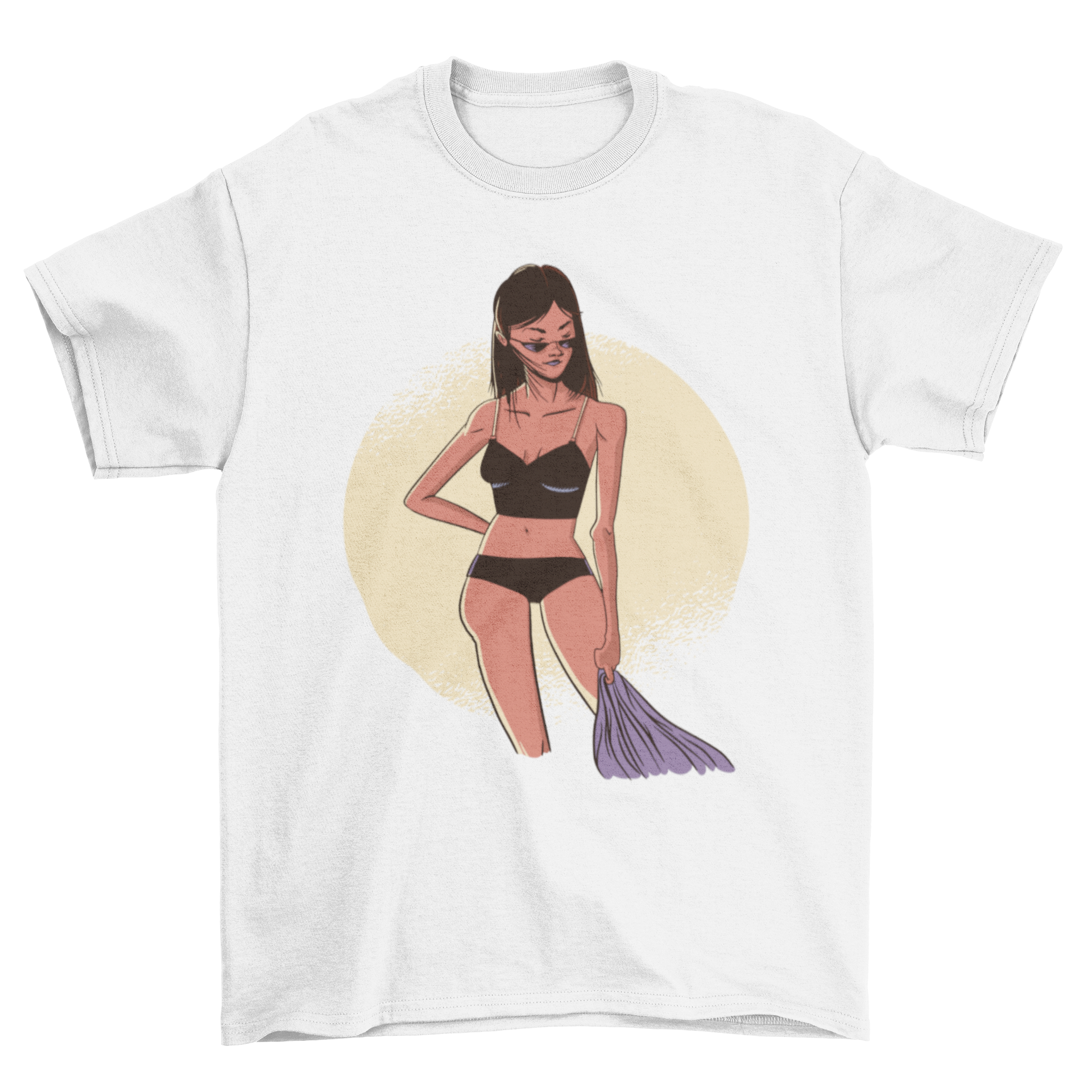 A stylish t-shirt featuring a black-haired woman in a modern bikini and sunglasses, perfect for summer wear.