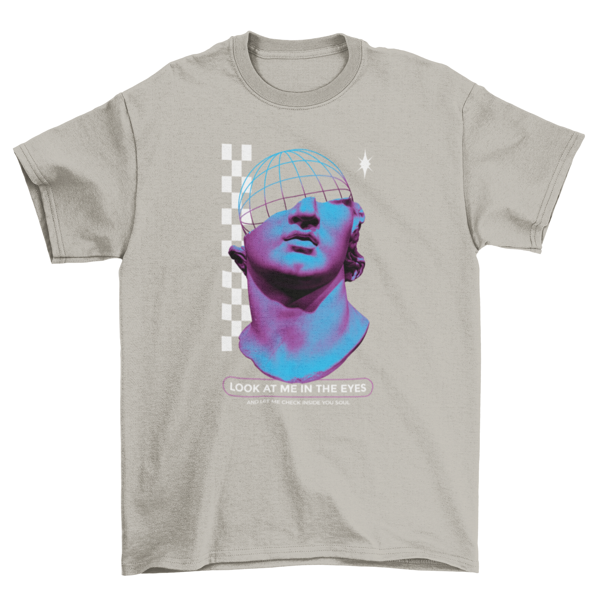 Modern Edgy t-shirt featuring a wireframe statue design with vaporwave elements and the quote 'Look at me in the eyes'.