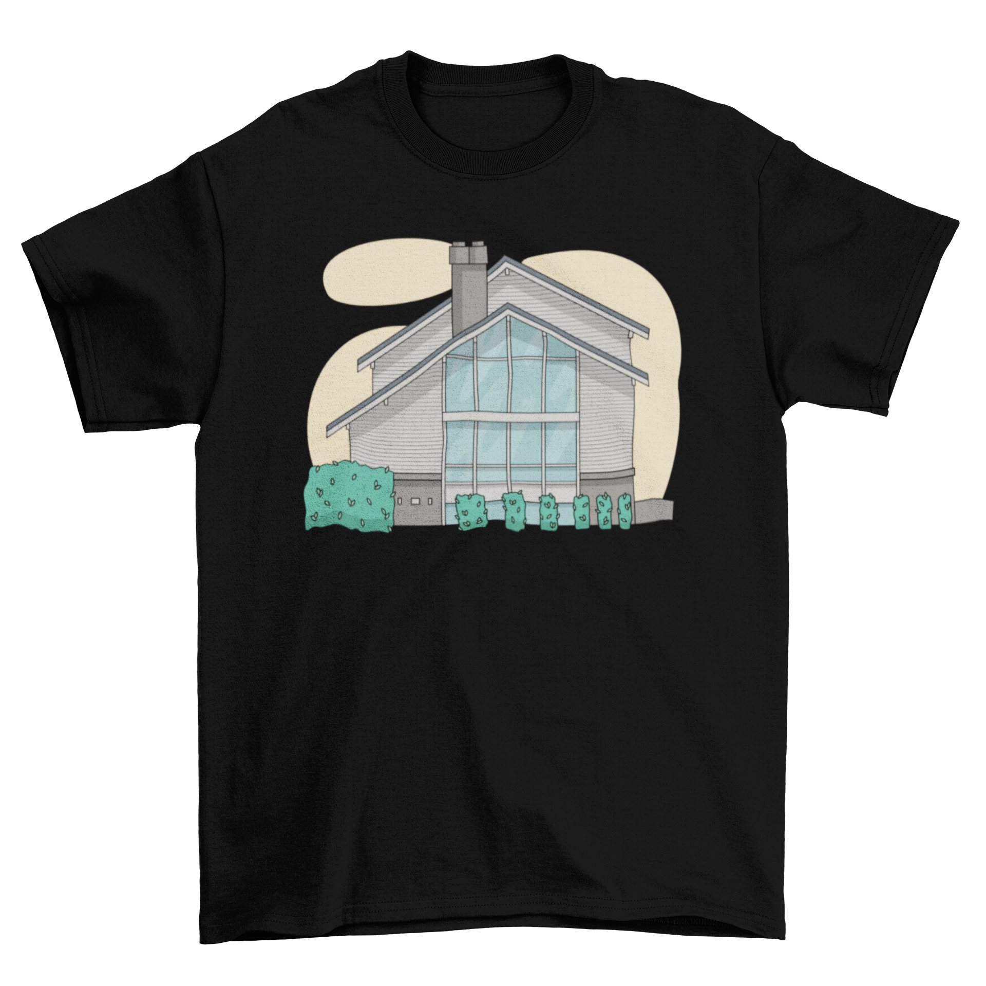 A stylish modern frat house t-shirt featuring a vibrant illustration of a contemporary fraternity house.