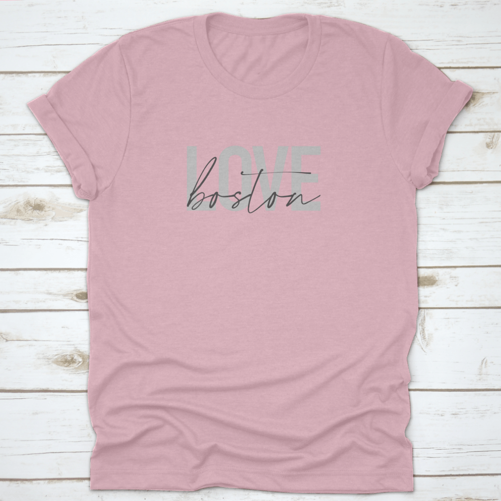 A stylish grey t-shirt featuring the phrase 'Love Boston' in modern graphic design, perfect for urban fashion lovers.