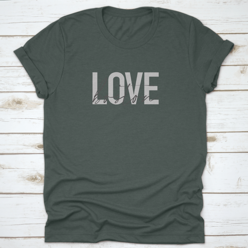 A stylish grey t-shirt featuring the phrase 'Love Boston' in modern graphic design, perfect for urban fashion lovers.
