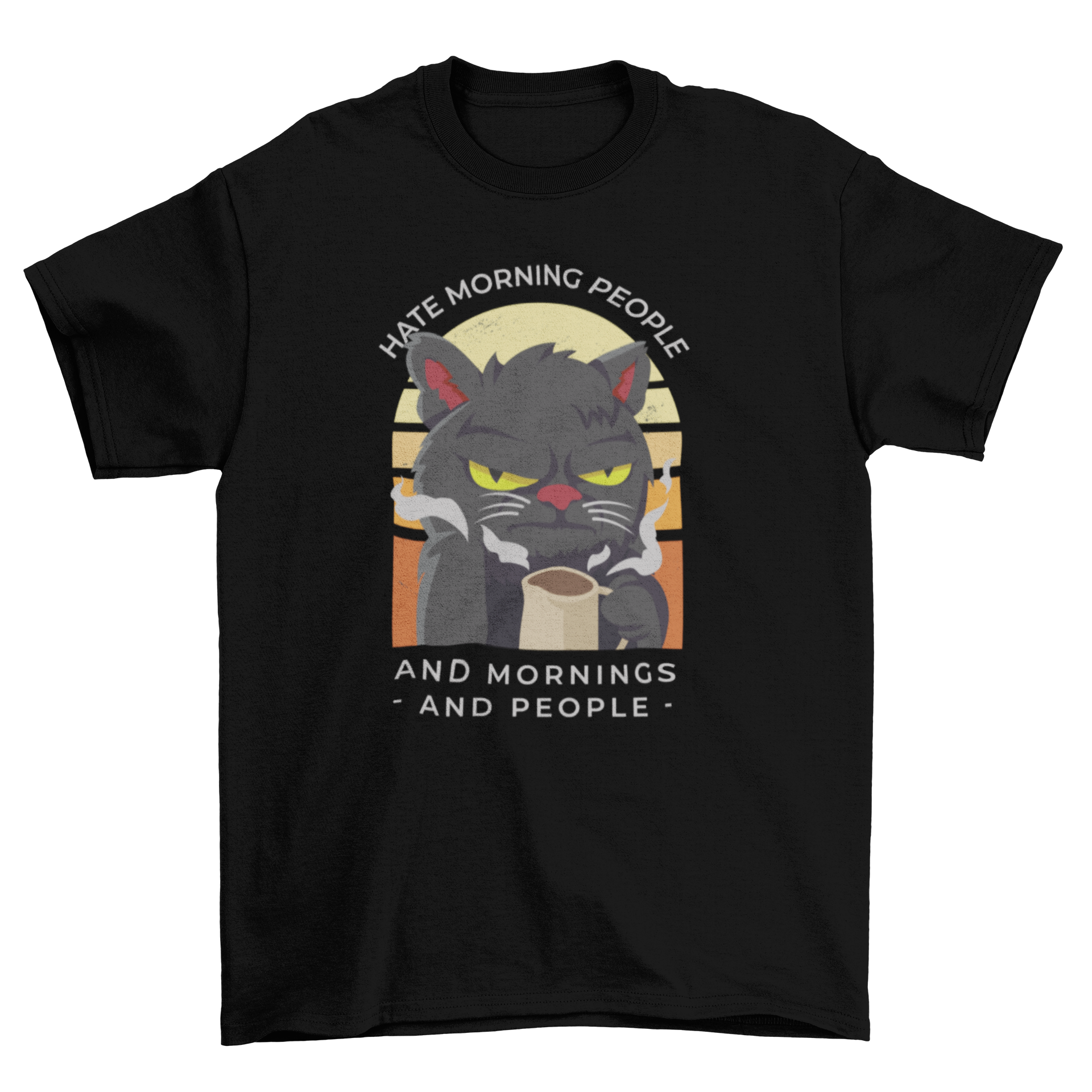 Moody cat t-shirt featuring an angry cat holding coffee with a humorous quote about mornings.