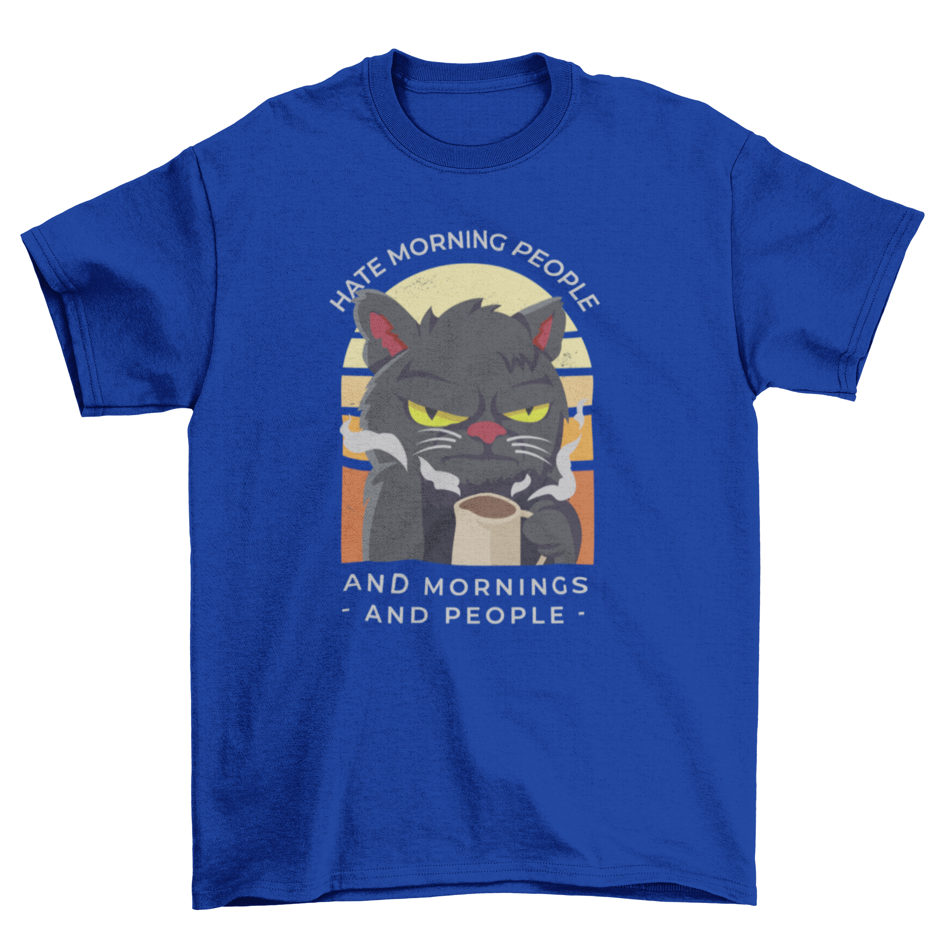 Moody cat t-shirt featuring an angry cat holding coffee with a humorous quote about mornings.