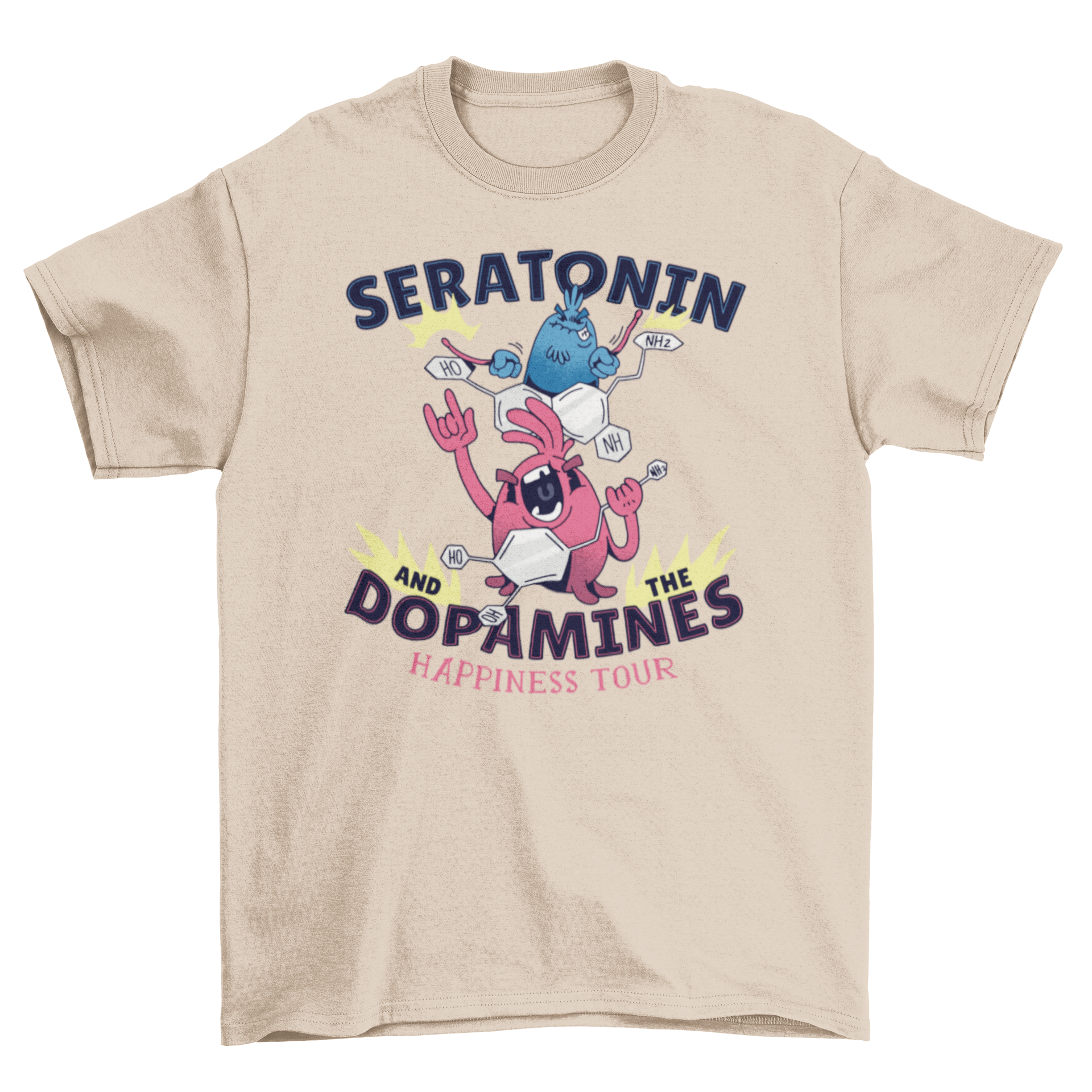 Molecules Rock Band T-Shirt featuring serotonin and dopamine designs in a vibrant rock band theme.