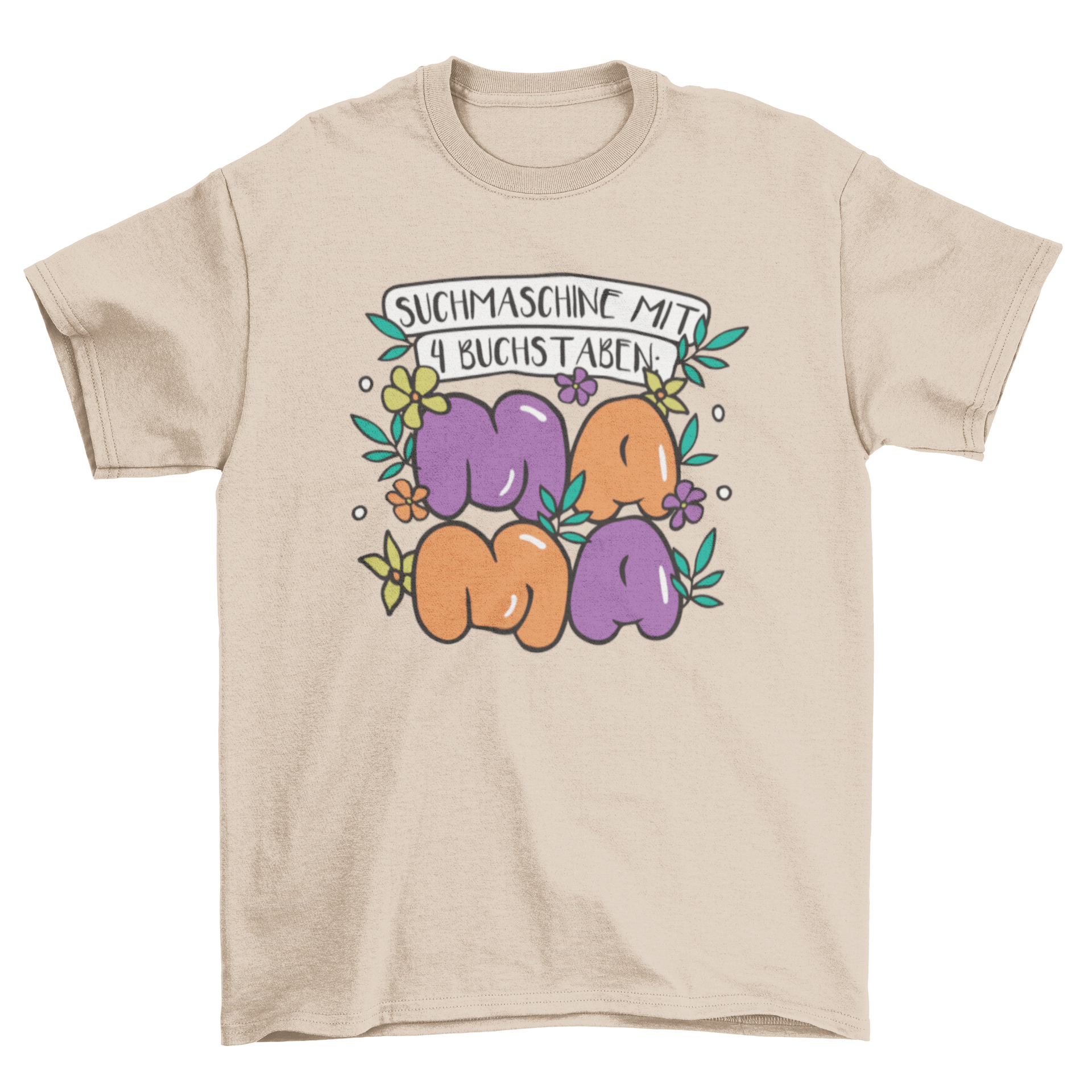 A vibrant Mother's Day design featuring the German quote 'Search Engine with 4 letters: M-A-M-A' in a stylish font.