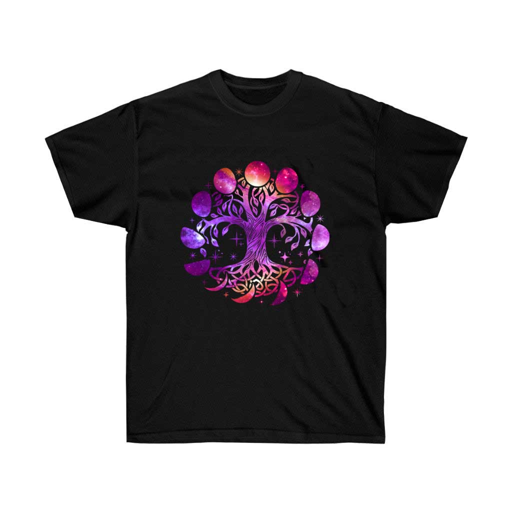 Moon Phase Tree Of Life T-Shirt in soft cotton, featuring a unique design symbolizing nature and spirituality.