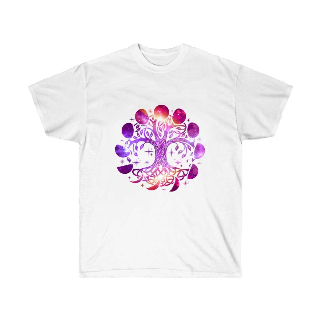 Moon Phase Tree Of Life T-Shirt in soft cotton, featuring a unique design symbolizing nature and spirituality.