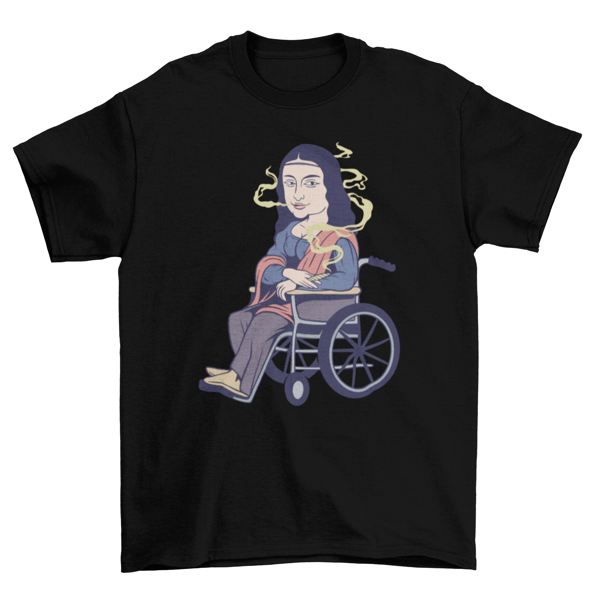 Mona Lisa Smoking T-Shirt featuring a humorous illustration of the famous painting with the Mona Lisa in a wheelchair smoking weed.