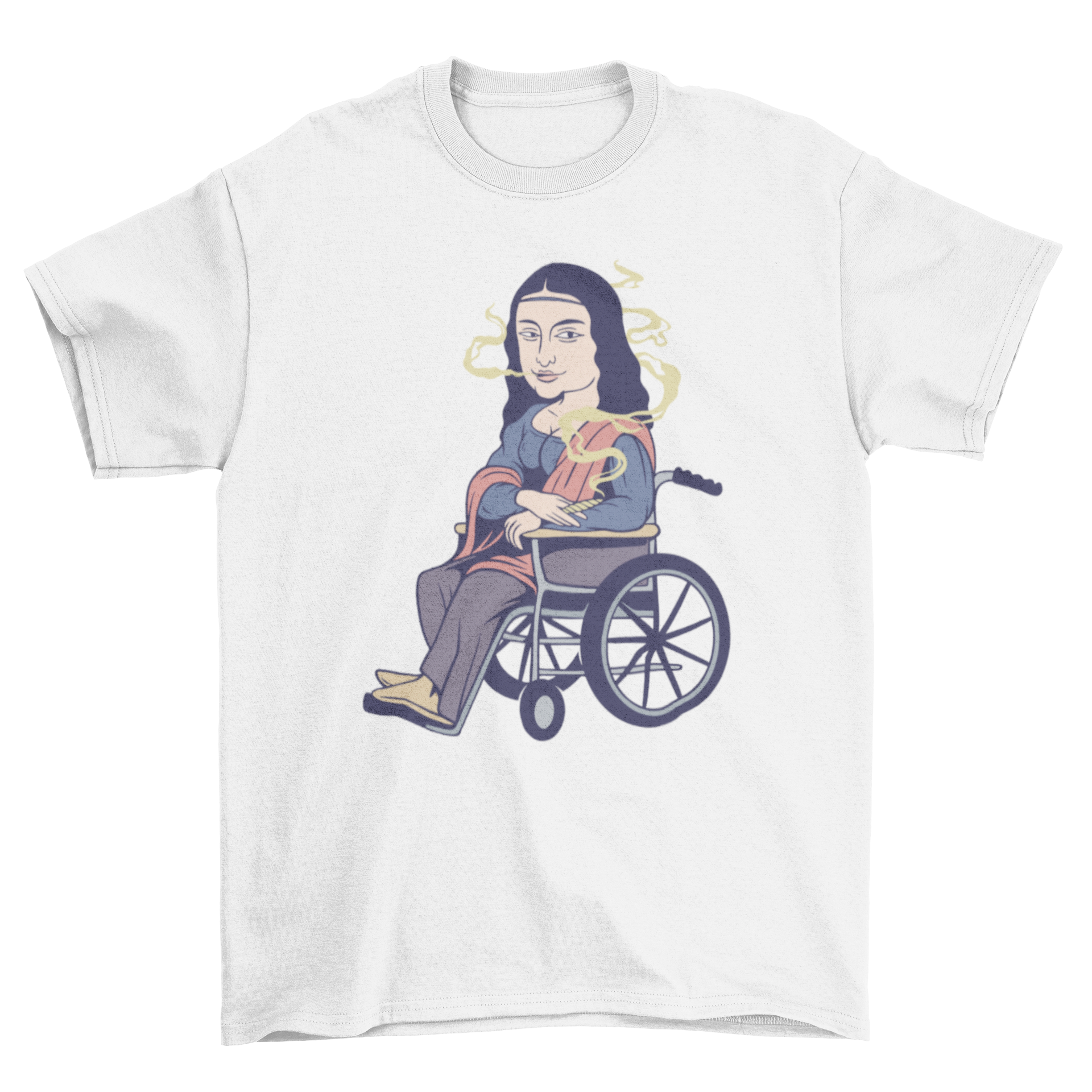 Mona Lisa Smoking T-Shirt featuring a humorous illustration of the famous painting with the Mona Lisa in a wheelchair smoking weed.