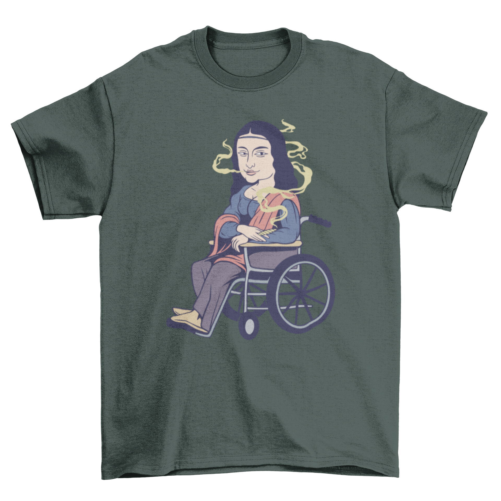 Mona Lisa Smoking T-Shirt featuring a humorous illustration of the famous painting with the Mona Lisa in a wheelchair smoking weed.