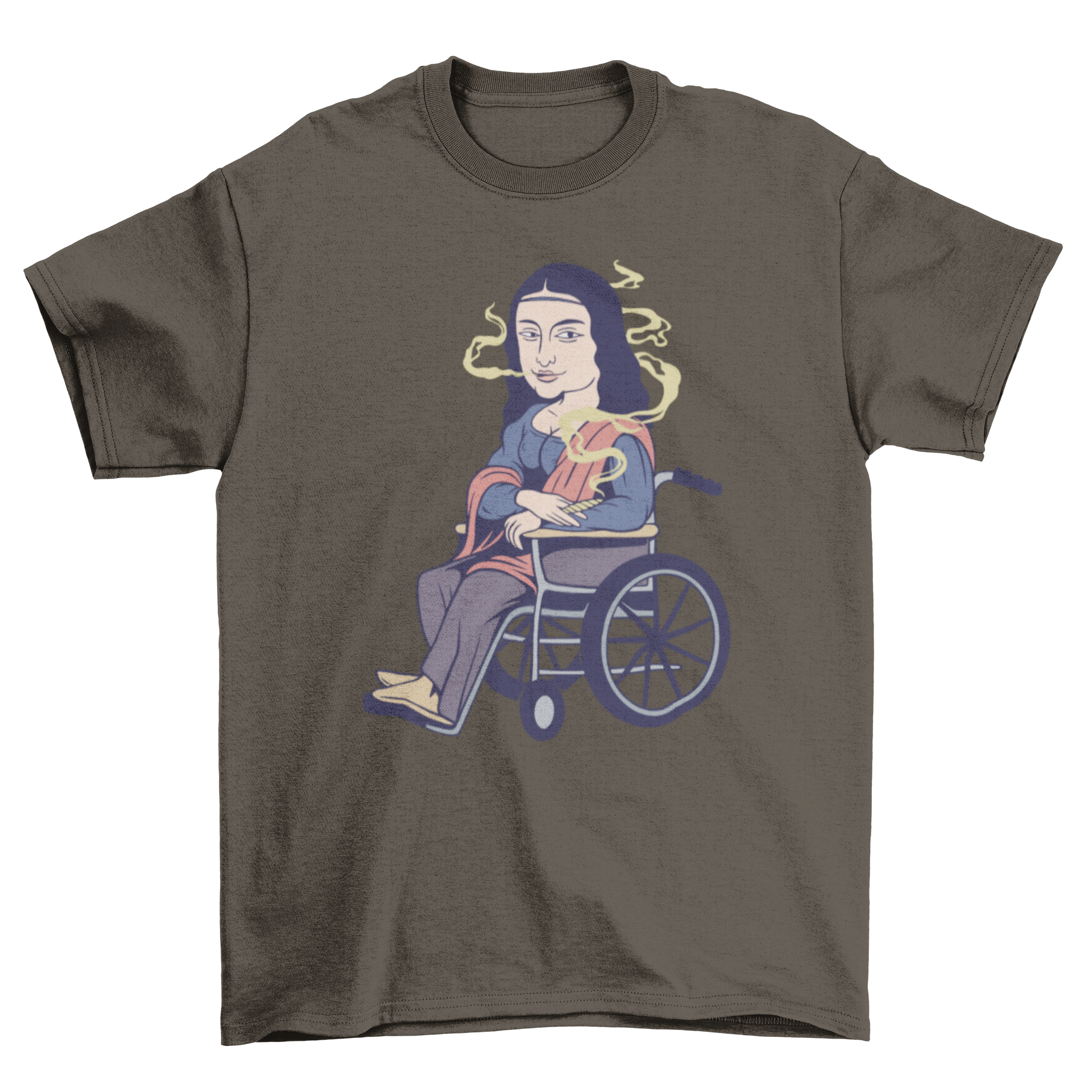 Mona Lisa Smoking T-Shirt featuring a humorous illustration of the famous painting with the Mona Lisa in a wheelchair smoking weed.