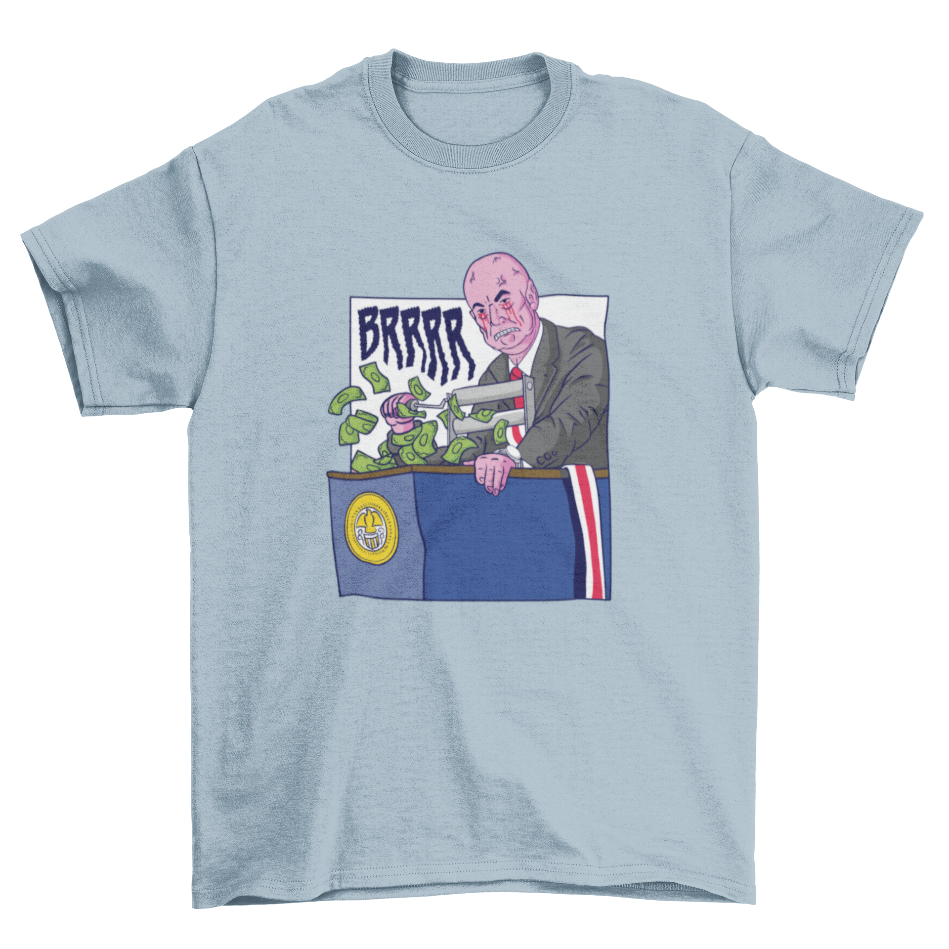 A humorous t-shirt design featuring a man printing money with the quote 'Brrrr', perfect for meme enthusiasts.