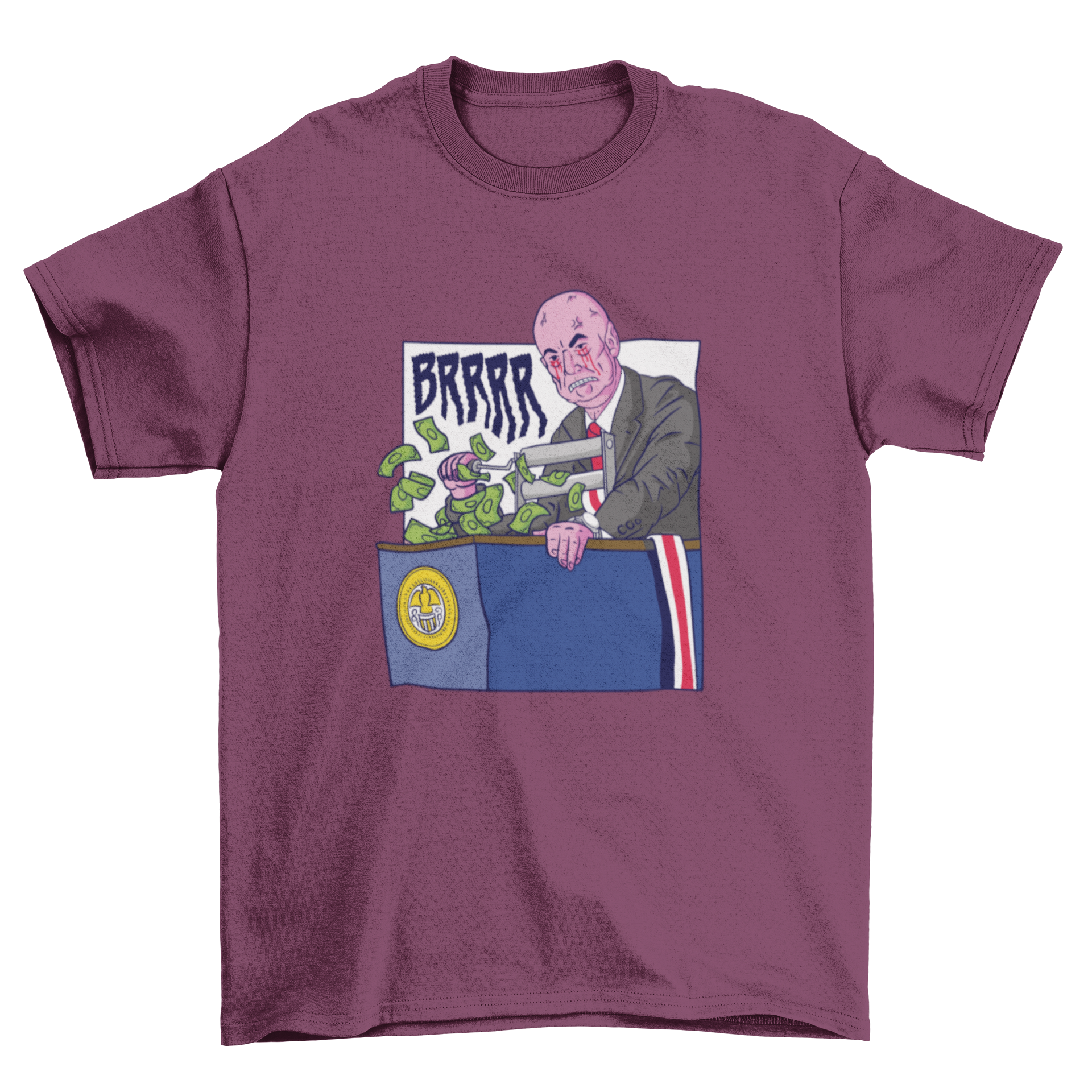 A humorous t-shirt design featuring a man printing money with the quote 'Brrrr', perfect for meme enthusiasts.